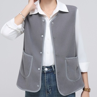 开衫 圆领马夹坎肩女士冬 外套马甲内胆百搭摇粒绒保暖加绒厚实大码