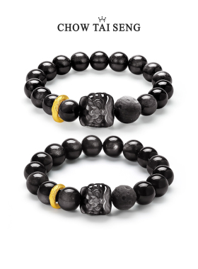 周大生S925纯银女黑曜石醒狮情侣手串高级感手链生日礼物送男友