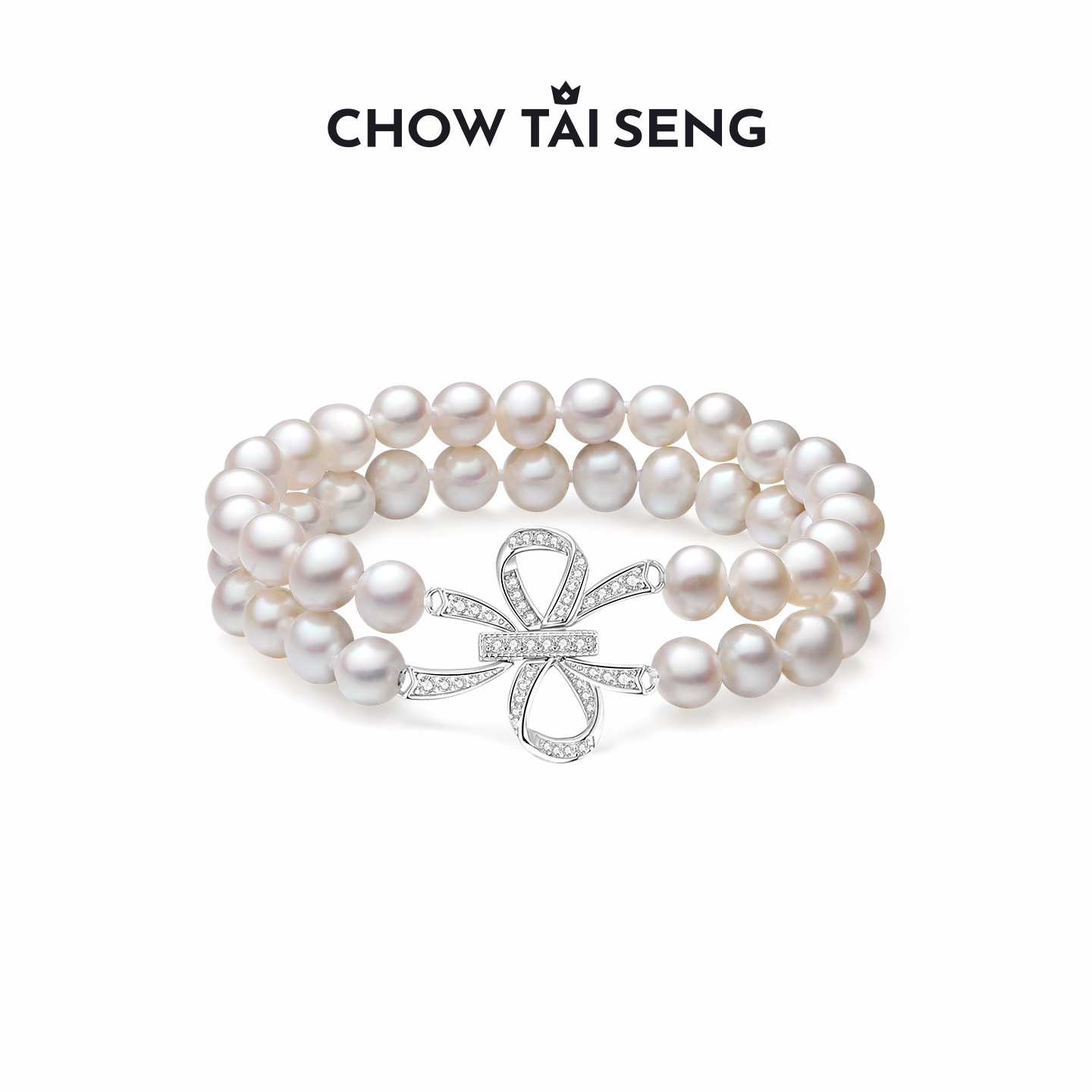 周大生珍珠手链法式优雅蝴蝶结双层叠戴手串手饰生日礼物送女朋友