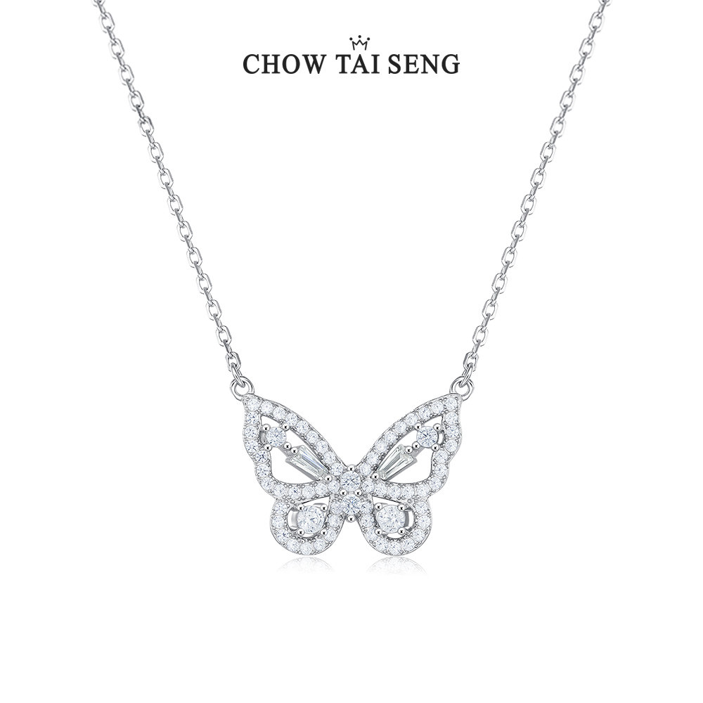 周大生蝴蝶项链女生锆石锁骨链首饰轻奢小众纯银饰品新年生日礼物