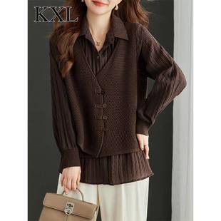 設計感小眾寬松遮肚子假兩件針織上衣女春秋新款 獨特別致洋氣小衫