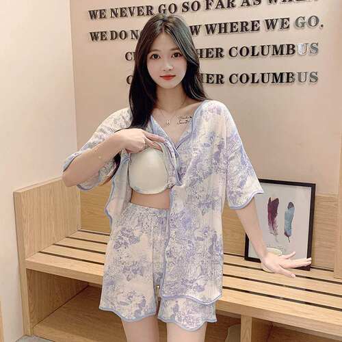 带胸垫女2025睡衣新品上新夏季棉质短袖短裤开衫水墨画可外穿