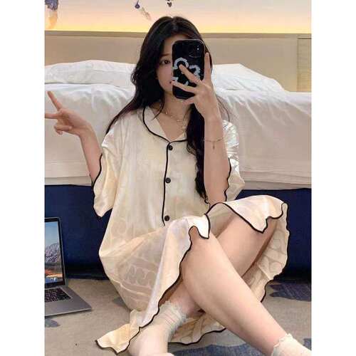 网红睡裙女夏季薄款冰丝短袖衬衫女士睡衣夏天凉感宽松丝绸家居服