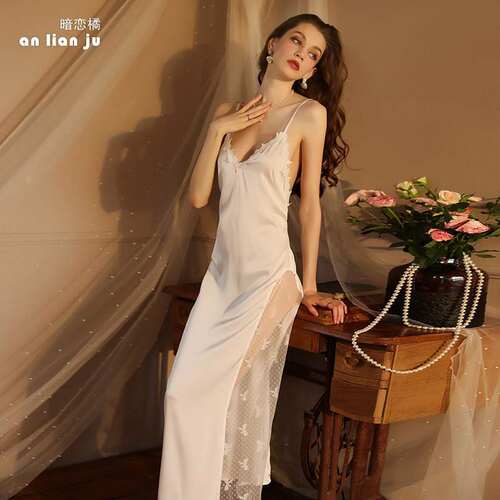 夏季薄款蕾丝简约法式睡衣女 性感睡裙女冰丝绸长款露背家居服420