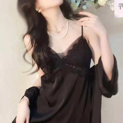 睡衣女士春夏季2025年吊带睡裙带胸垫睡裙V领蕾丝边冰丝