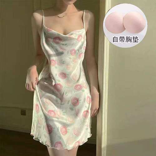 加胸垫睡裙丝滑冰丝女夏薄款法式吊带甜美露背外穿连衣裙子家居服