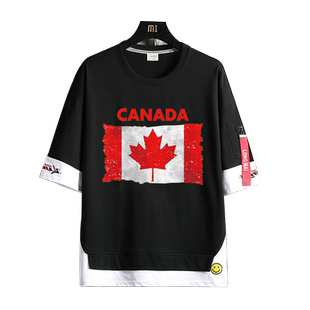美国加拿大西班牙国家复古国旗短袖T恤男女宽松上衣夏季纯棉衣服