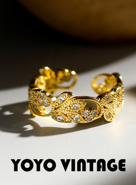 繁华复古风轻奢百搭镂空蕾丝中古vintage欧美女款开口宽版戒指