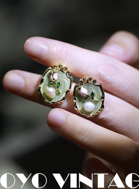 郁金香中古vintage油画珐琅彩珍珠法式宫廷复古风女款轻奢耳钉