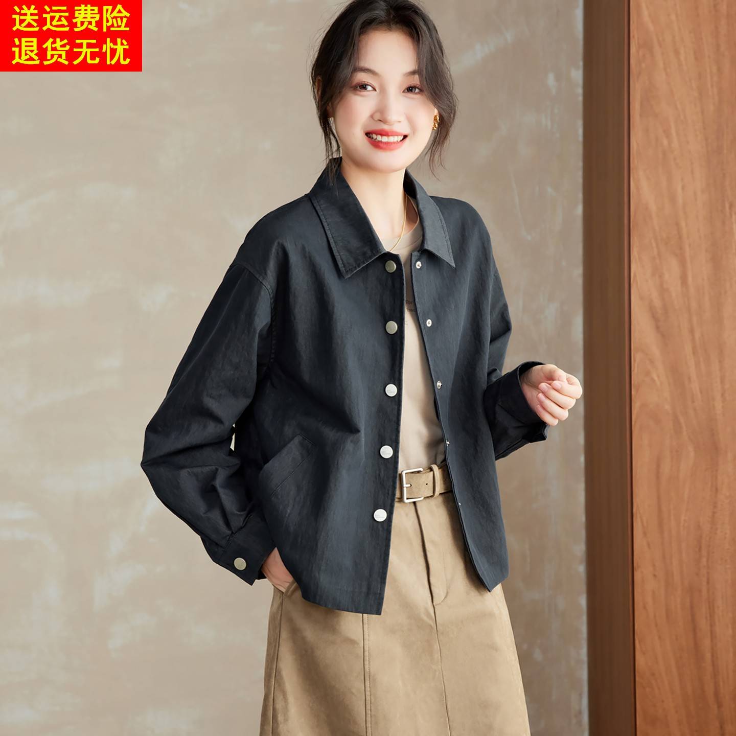 工装风翻领长袖衬衫短外套女春秋2025新款休闲时尚小个子夹克上衣