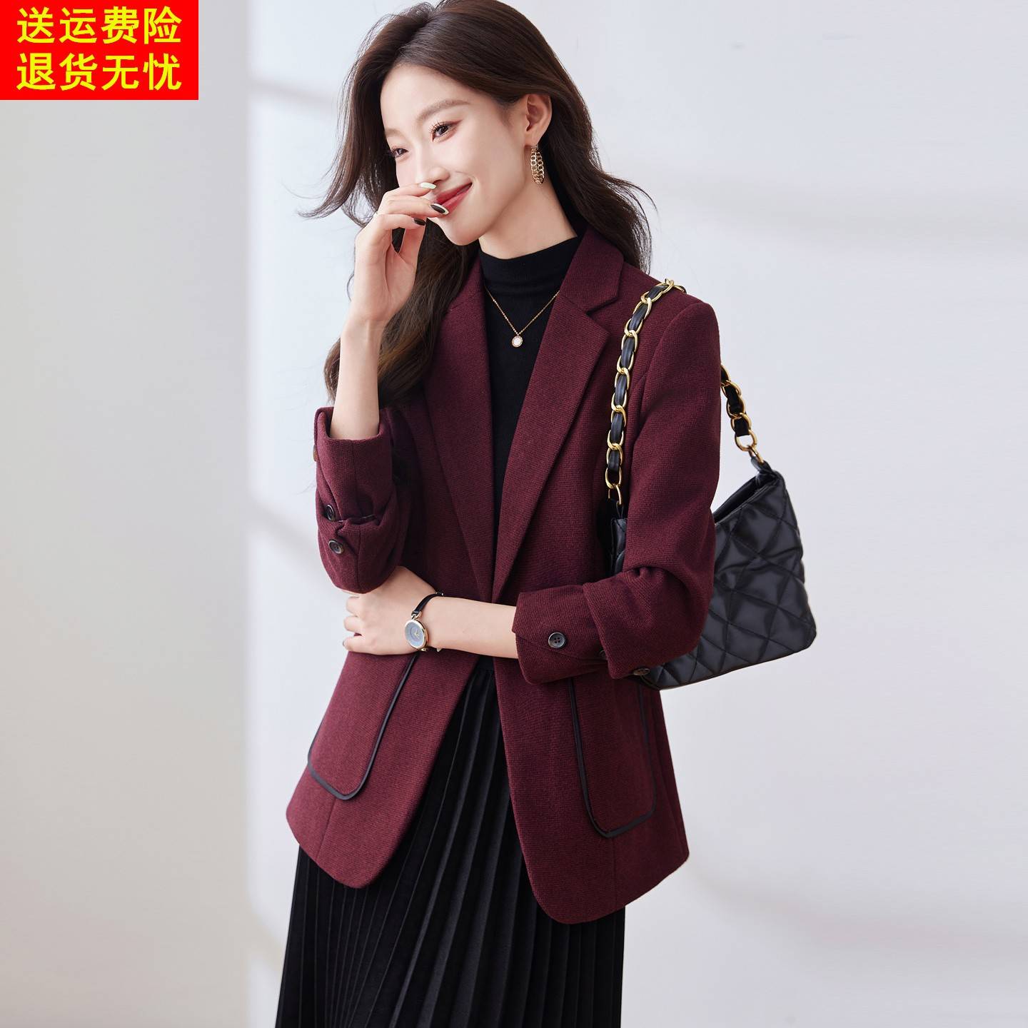 秋冬复古酒红色西装外套女士2025新款通勤修身高级感职业气质西服