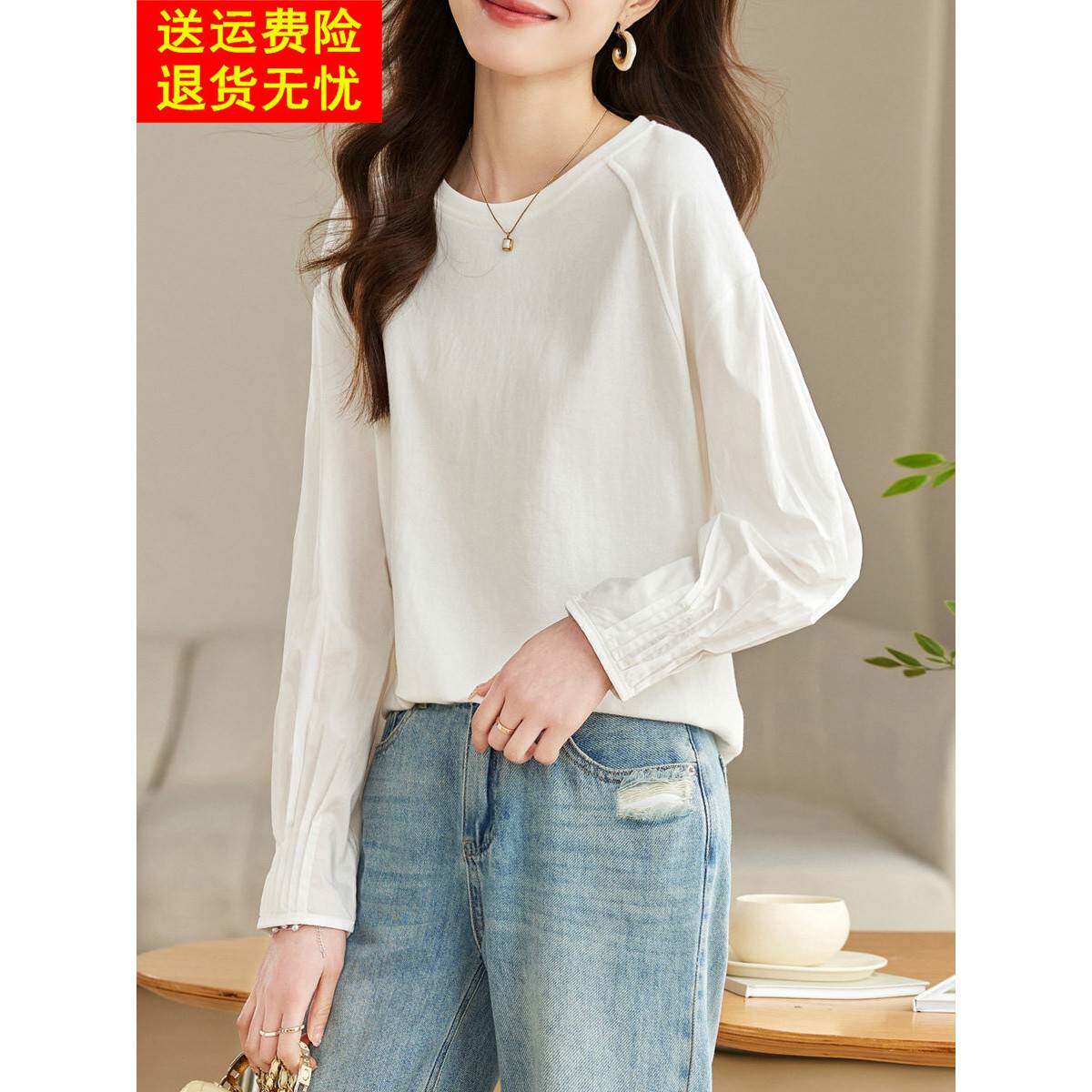 2025新秋季服装纯棉白色t恤休闲小众套头衫别致褶皱长袖圆领上衣