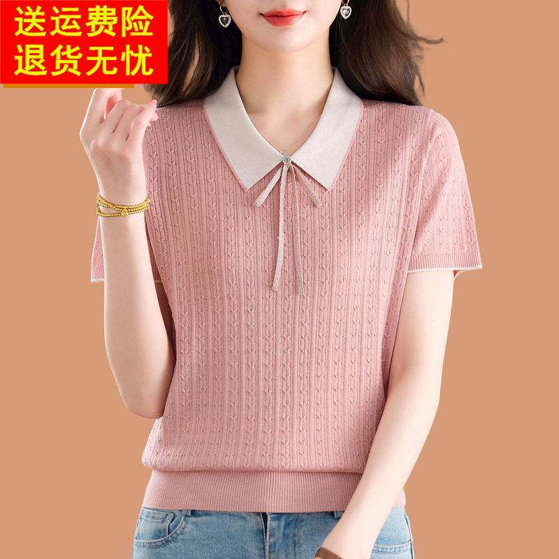 真丝短袖T恤女2026超火减年冰丝上衣配裙子蝴蝶结桑蚕丝洋气小衫