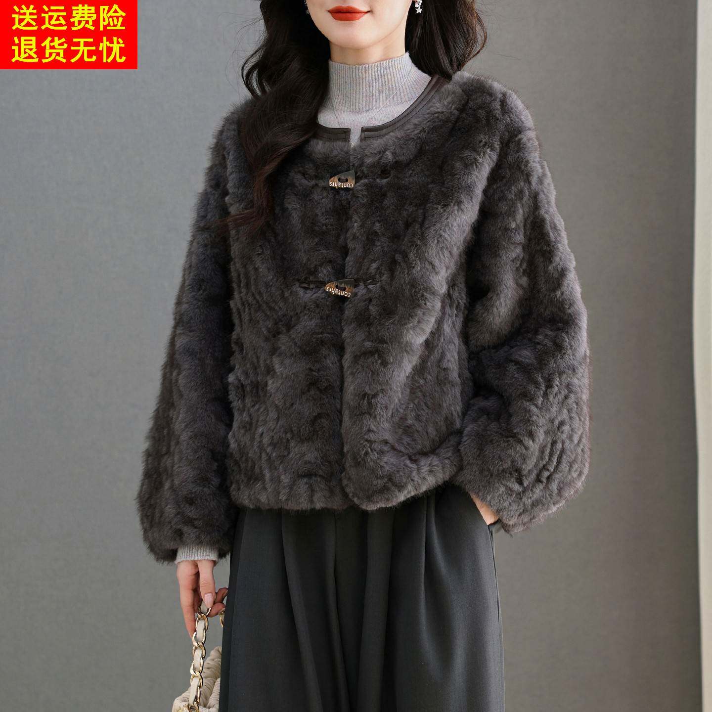 水貂绒皮草大衣外套女开衫圆领短款高腰小个子卡腰2025新款秋冬装