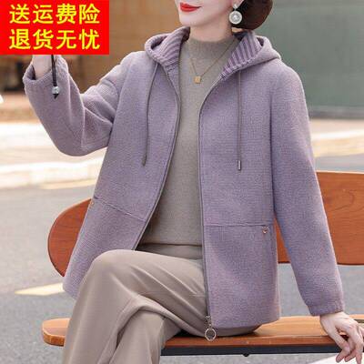 中老年妇女秋冬装时尚洋气连帽夹克毛呢外套今年流行的妈妈上衣服