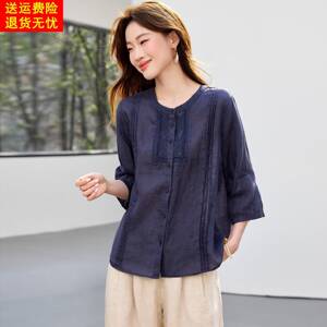 亚麻女高端棉麻上衣女夏季2026新款短袖女装休闲独特漂亮苎麻小衫