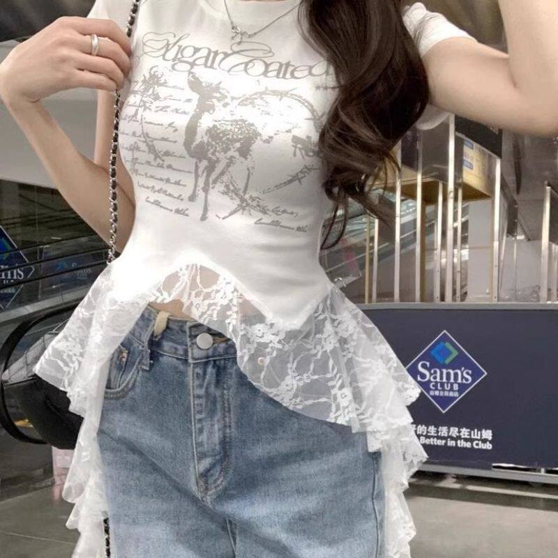 法式辣妹风蕾丝拼接短袖T恤女2026夏季新款修身显瘦百搭减龄上衣 - 实物图