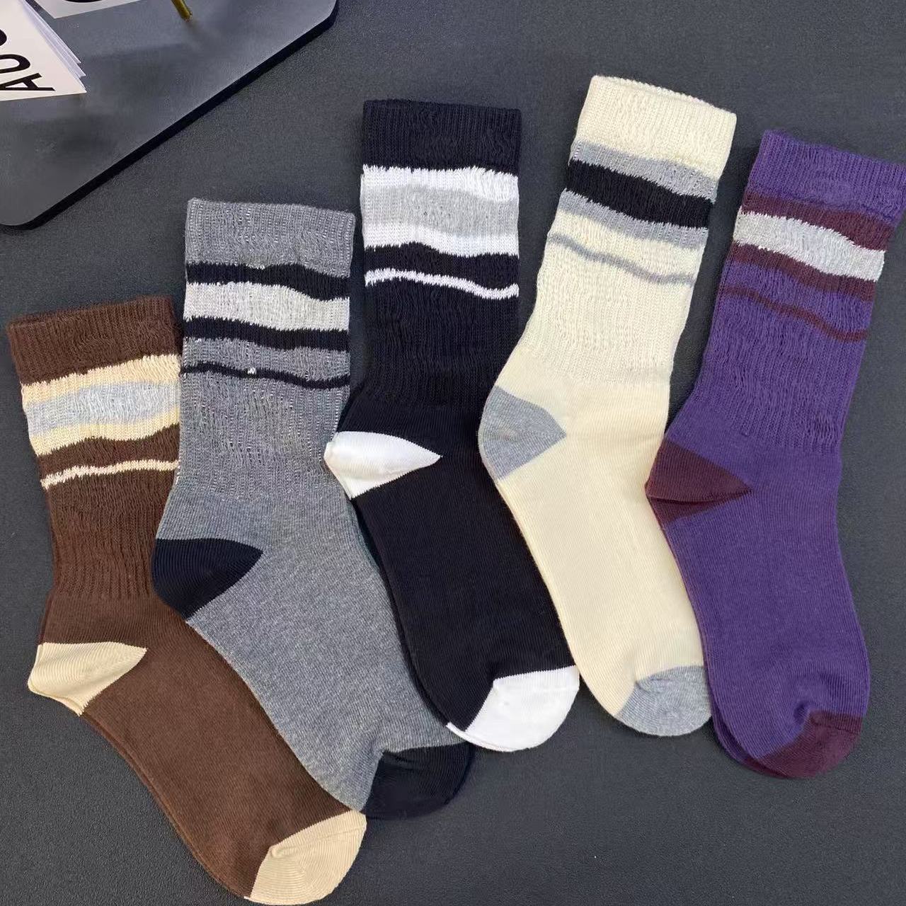 2025秋季新款韩版撞色条纹中筒袜
