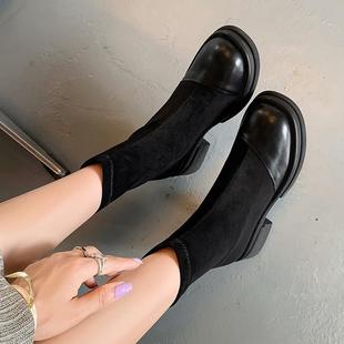 复力套筒马丁靴女2025弹冬新款 百搭显瘦秋短靴古英风伦粗跟瘦瘦靴