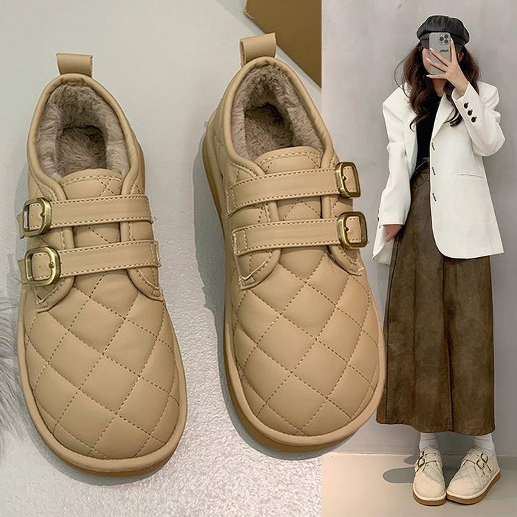 加底保暖女鞋子225新冬季平软底面包绒鞋款豆豆0鞋乐福鞋雪地棉鞋