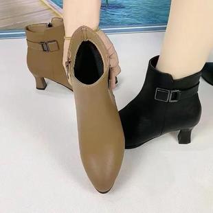 2025秋冬链新款 尖头气质拉百搭丁靴女 加绒女靴士底短筒软棉皮马鞋