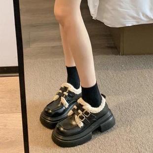 软皮百搭女鞋 英新加绒小皮鞋 棕色2复风古乐福鞋 款 伦子 女025年冬季