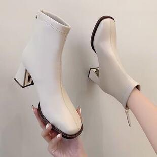 法跟式 搭加绒粗跟短百靴方皮头高瘦新瘦单靴 软马丁靴女2025秋冬款