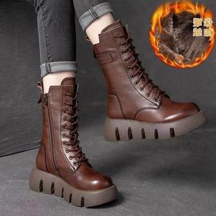 加绒加厚百搭厚底士骑靴 版 马靴女伦英韩风短筒靴2025秋冬季 丁新款