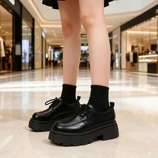 粗跟系带福乐鞋女025秋新季英款厚底伦风小皮鞋2黑色增高松糕单鞋