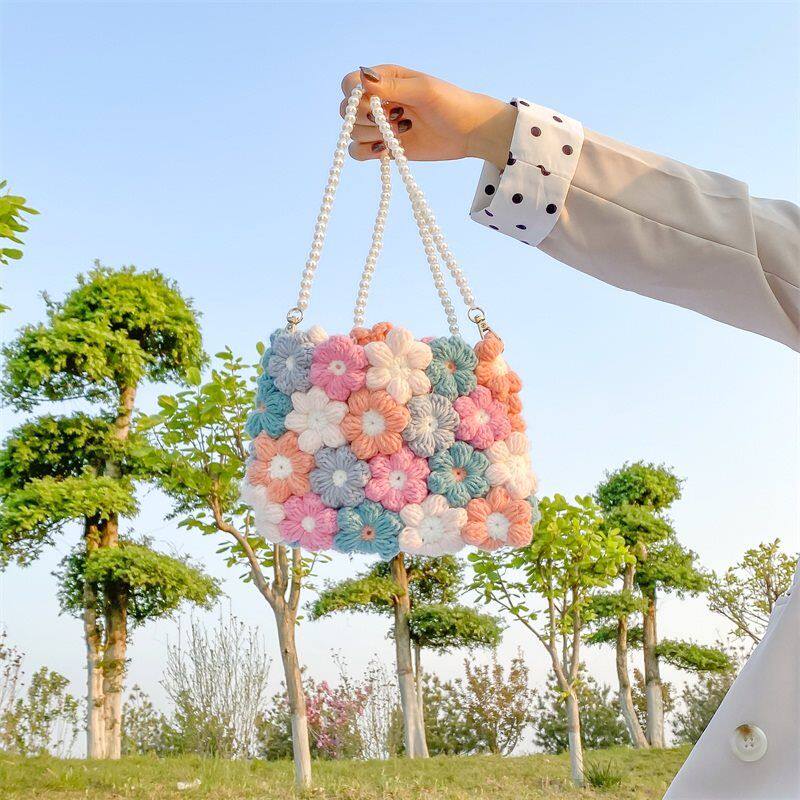 知夏 手工编织diy泡芙花瓣手腕拎包毛线花朵材料包送闺蜜视频教程