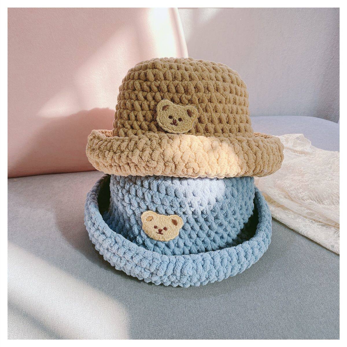 手工编织diy材料包小熊渔夫帽自制手织冰条帽可爱保暖休闲百搭帽