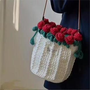 手工编织包包diy材料包玫瑰花束包毛线成品水桶包送女友闺蜜礼物