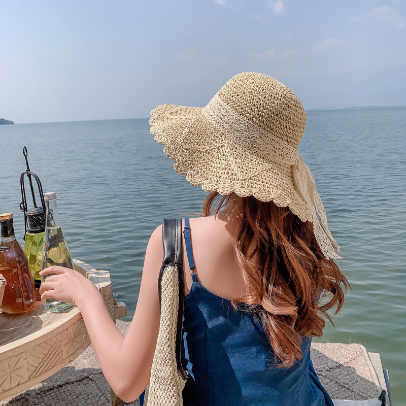 春夏旅游沙滩帽女 可折叠手工草编遮阳帽夏天海边防晒大檐帽韩版