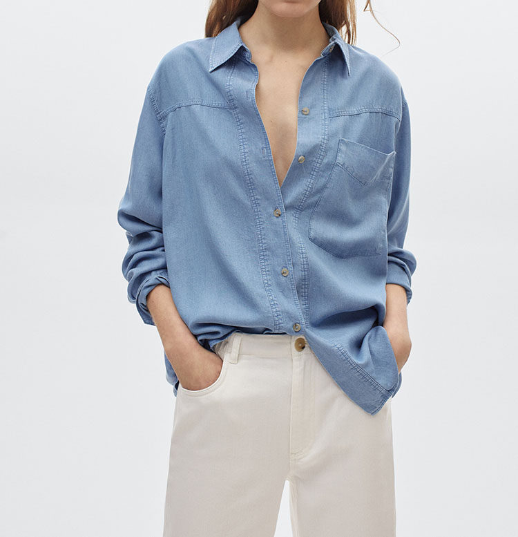 西班牙女装 春季新品 纯色百搭口袋饰莱赛尔纤维设计感女时尚衬衫