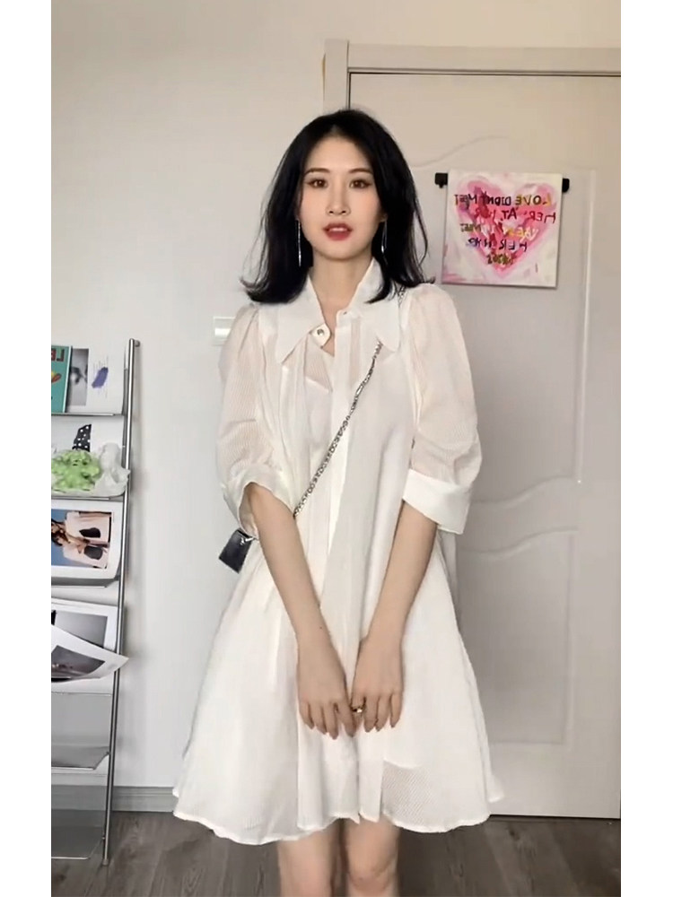 法式茶歇冷淡高级感气质休闲别致惊艳绝美白色衬衫连衣裙子女夏季