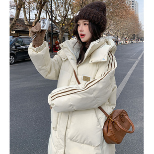 白色长款羽绒服女冬2024年新款中长款连帽过膝加厚棉服外套学院风
