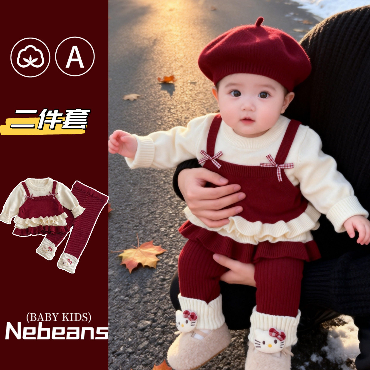 26春季新品婴儿针织毛线衣服二件套 女宝宝可爱荷叶下摆上衣+裤子