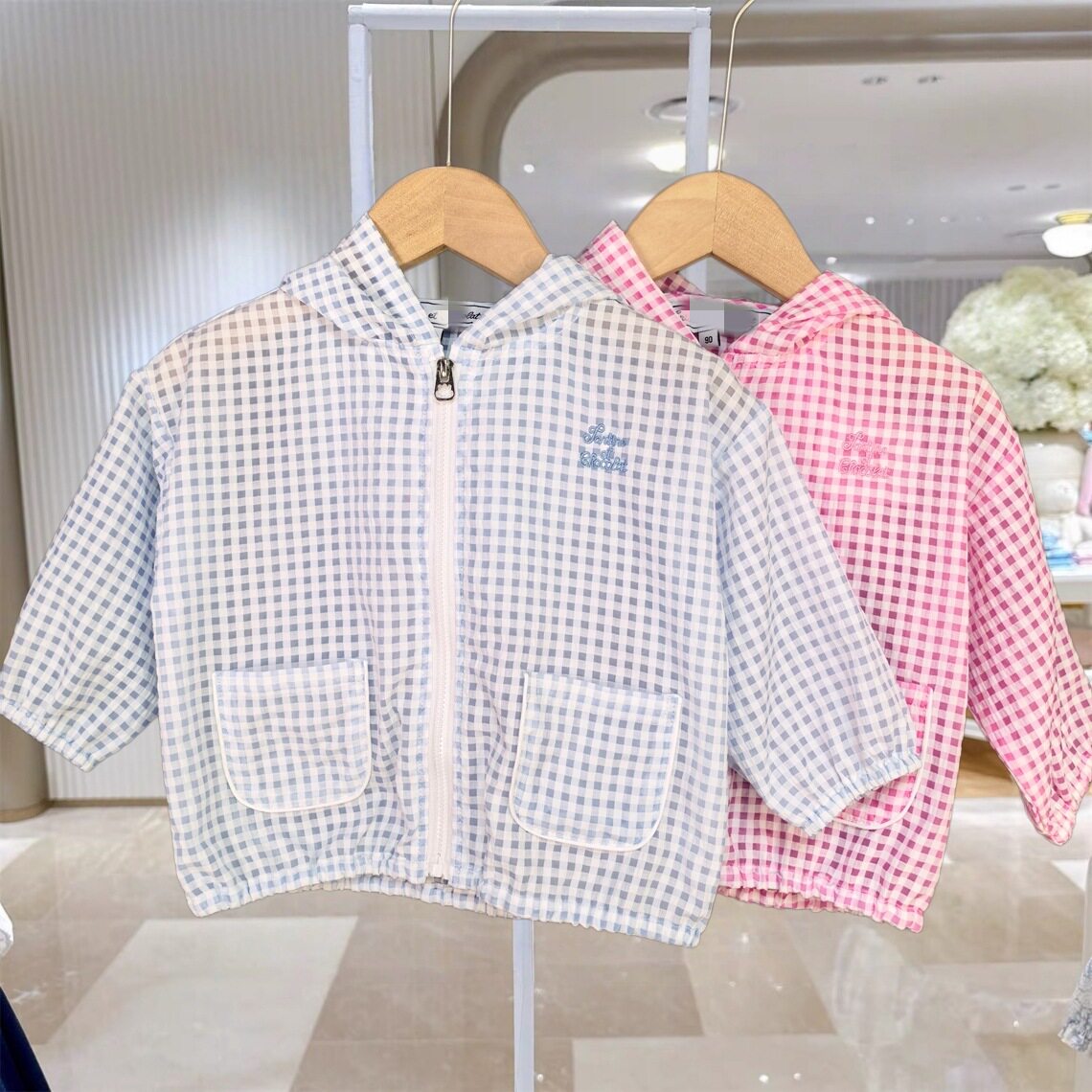 韩版童装夏款男女宝宝超薄透气格子防晒衣连帽皮肤衣WT6033003