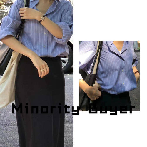 现货 买手店 OUNCE 小众春夏长袖百搭休闲宽松条纹翻领衬衫上衣女