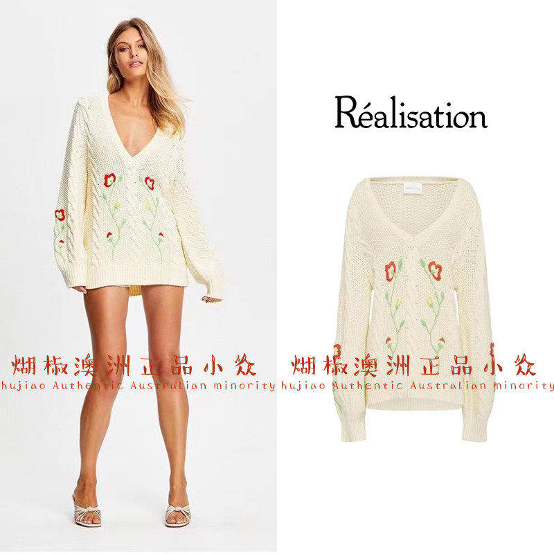 煳椒 澳洲 Alice McCall 22秋V领花色刺绣休闲宽松长款毛衣