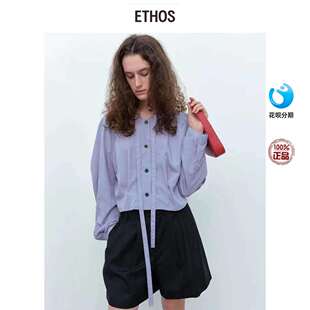 ETHOS 24早秋新款复古飘带系带蝴蝶结单排扣长袖衬衫