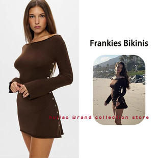 煳椒 Frankies Bikinis 新品棕色一字露肩钮扣修身洋装