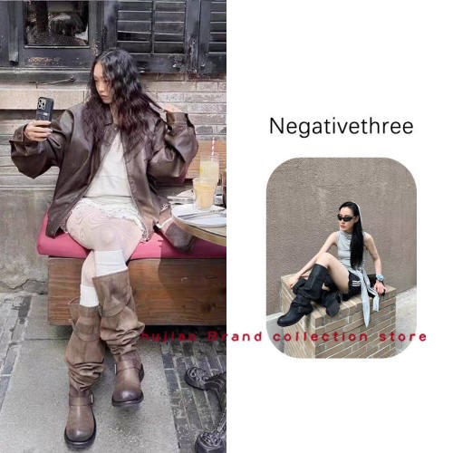 煳椒 Negativethree 张元英同款骑士靴中筒双皮带搭扣堆堆靴