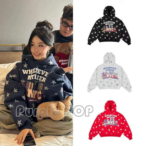 POP买手店 Whenever 高街风星星字母印花连帽卫衣男女同款