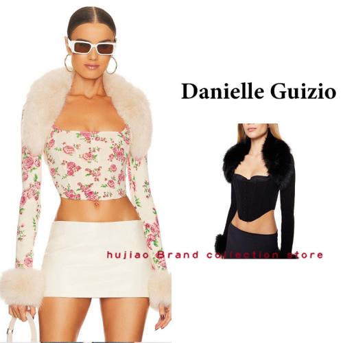 糊椒 Danielle Guizio 名媛披肩花卉印花毛毛领紧身胸衣外套