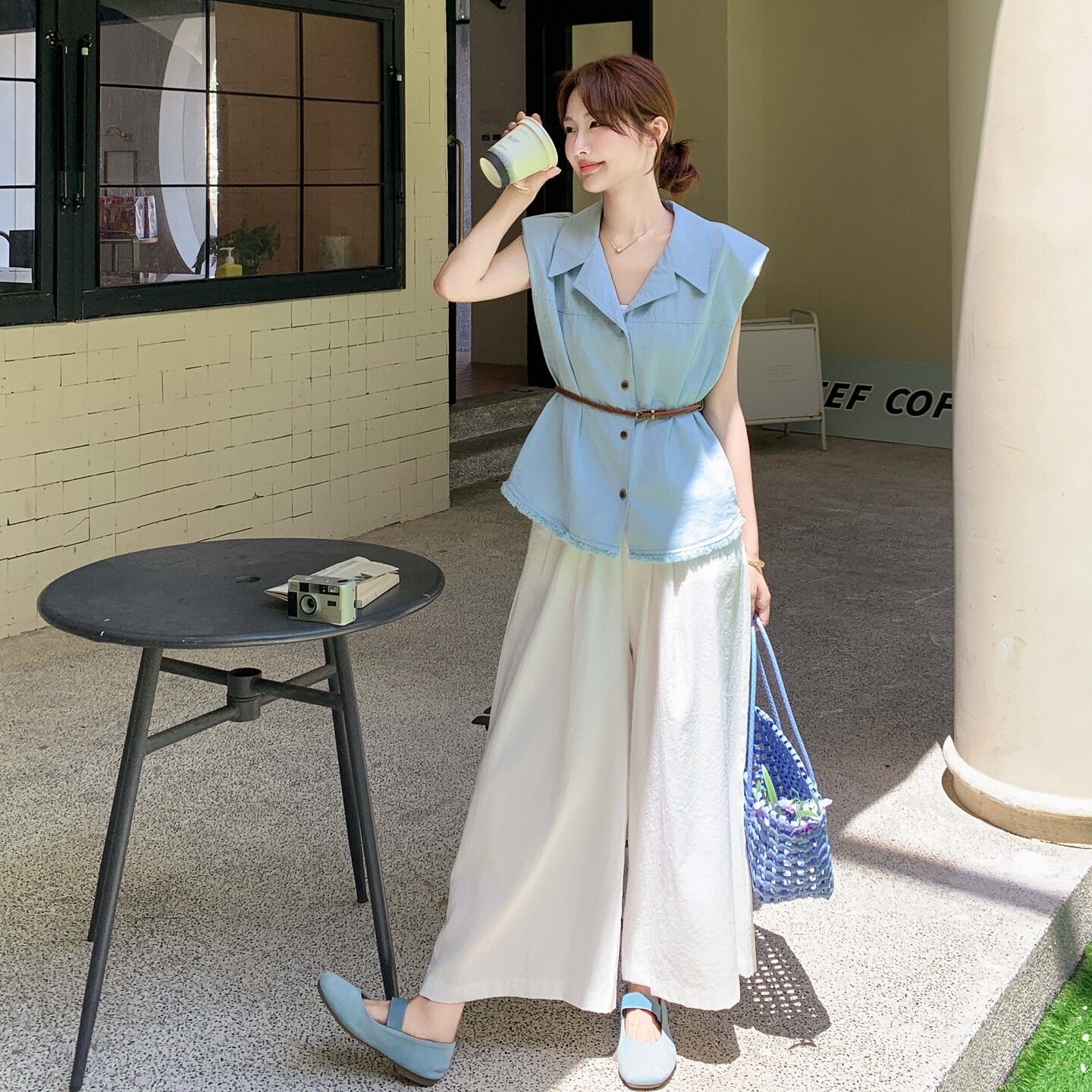 时尚风无袖衬衫套装女夏季高腰阔腿长裤两件套6265P165K238