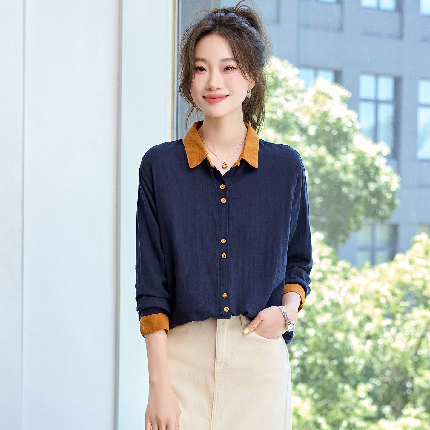 高级感撞色衬衫女2025春秋新款宽松百搭小个子上衣长袖纯棉衬衣薄