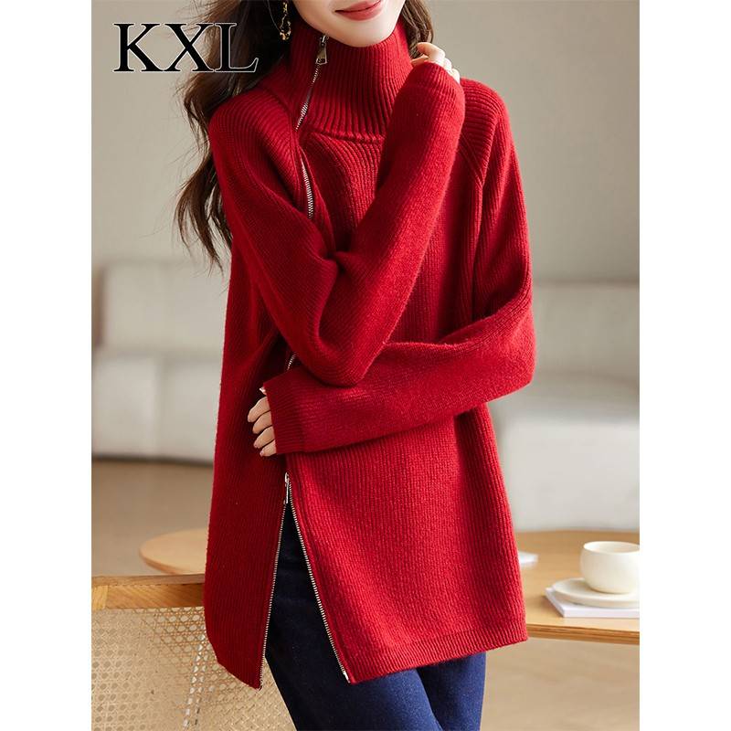 2024新款秋冬季加厚高领外穿宽松慵懒红色毛衣女高级感气质超好看