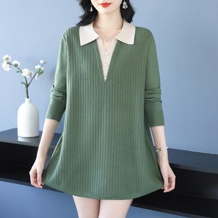 胖妈妈早春新款上衣宽松加大码遮屁股针织衫女时尚翻领中长款毛衣