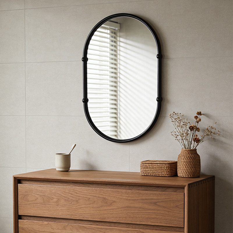 简约现代高级黑色椭圆形卧室壁挂化妆镜民宿卫生间智能发光浴室镜